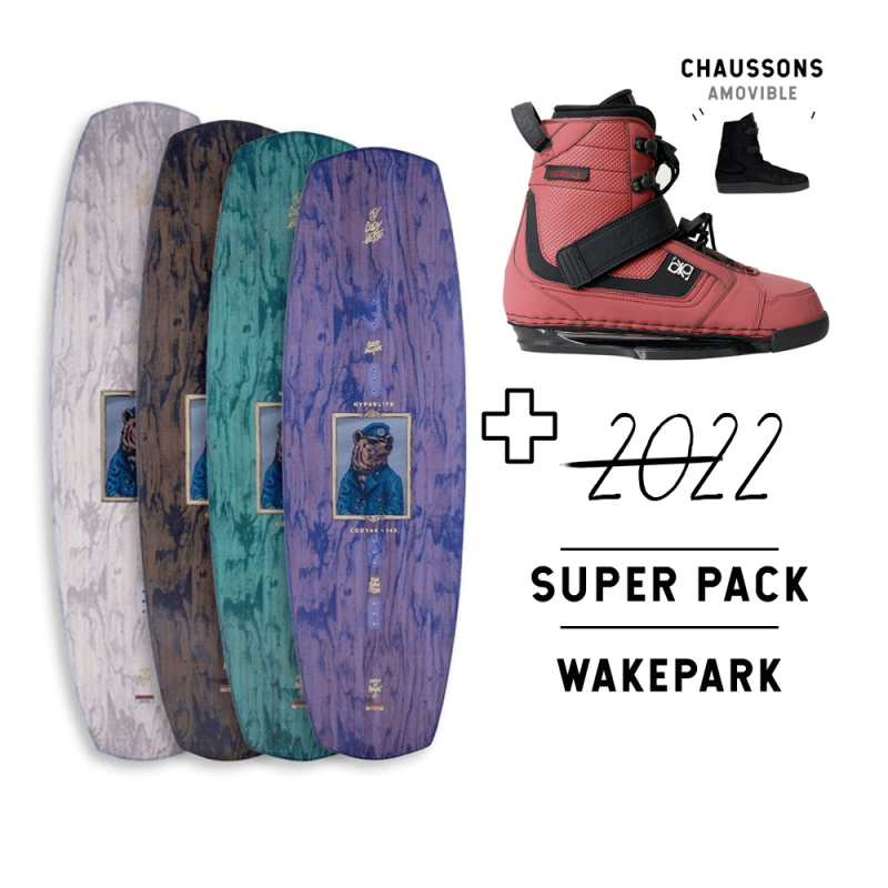 Pack wakeboard 2022 Hyperlite Codyak + chausses Heritage Double Up